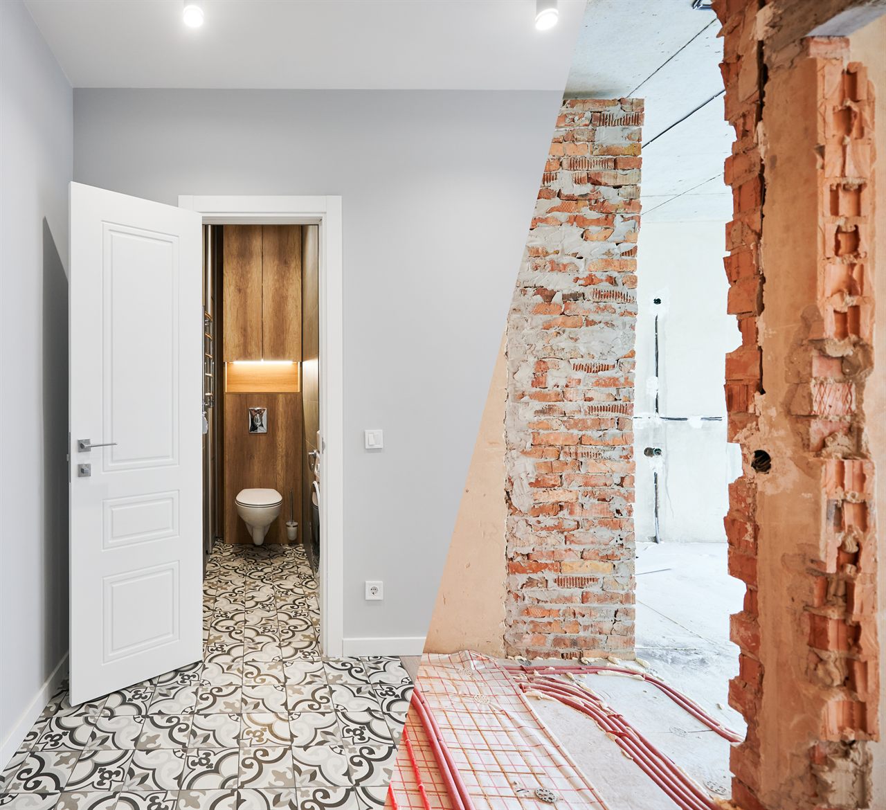 Badkamerrenovatie: links de afgewerkte ruimte met patroontegels, rechts de kale bakstenen muur en de leidingen van de vloerverwarming